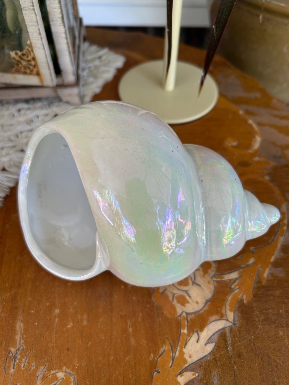 Vintage Iridescent Ceramic Conch Shell Planter